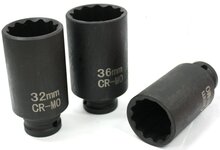 12 kant aandrijfas doppenset 30 - 32 - 36 mm - veeltands doppen - krachtdoppen - aandrijf as veel tand krachtdop