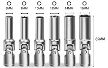 6 delige knikbaar 8 tot 16 mm 3/8'' aansluiting bougiesleutel set - bougie dop - bougiedoppen met draaikop - glow