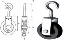 75 mm 12 mm diameter hang katrol met spitste haak - hangkatrol - trekkatrol - haakkatrol - ophangkatrol - katrollen