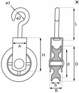 75 mm 12 mm diameter hang katrol met spitste haak - hangkatrol - trekkatrol - haakkatrol - ophangkatrol - katrollen