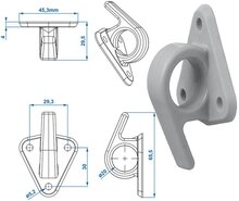 65 x 45 mm nylon - kunstof touwhaak met oog en haak op voetplaat - gaaskleedhaak - bevestigingshaak - montageoog - zeiloog - bi