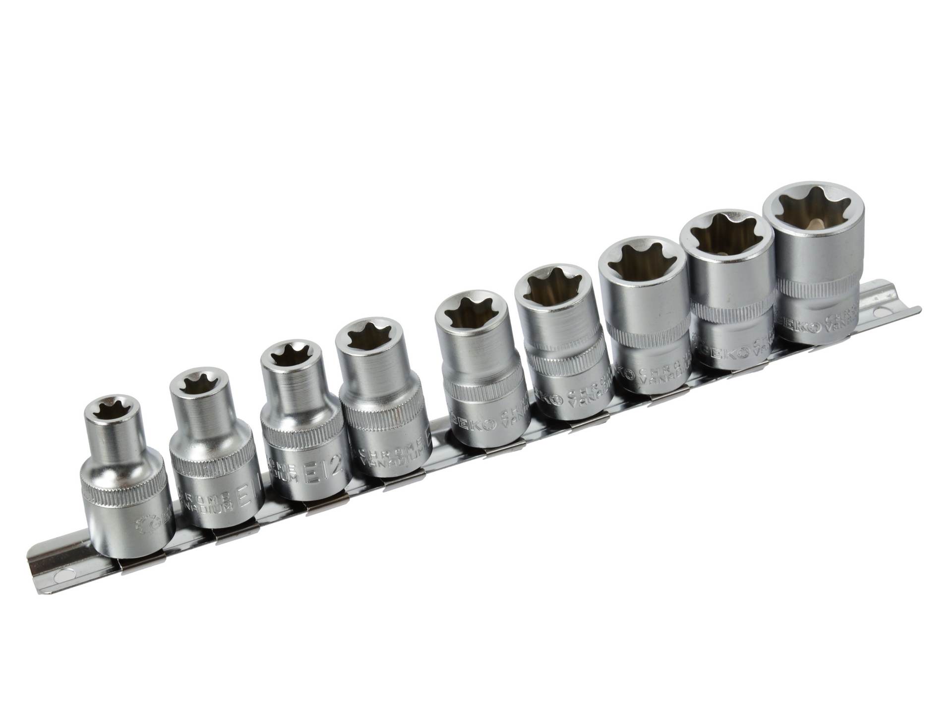 E-Torxdoppen set met doppenrail - 1/2'' - Inwendige torxdoppen - 9 delig - Torx dop - GEKO