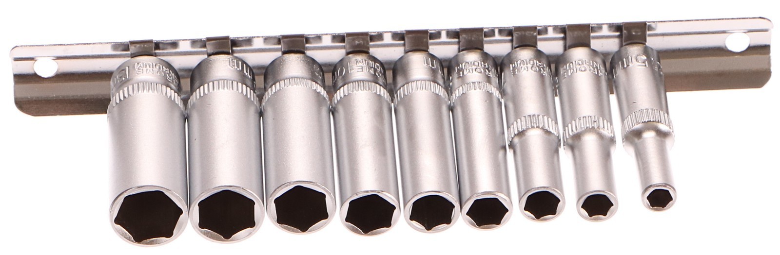 9 delige 1/4 aansluiting lange doppen maat&nbsp;5 tot 13 mm - lange doppen op rail - zeskant doppen chroom vanadium
