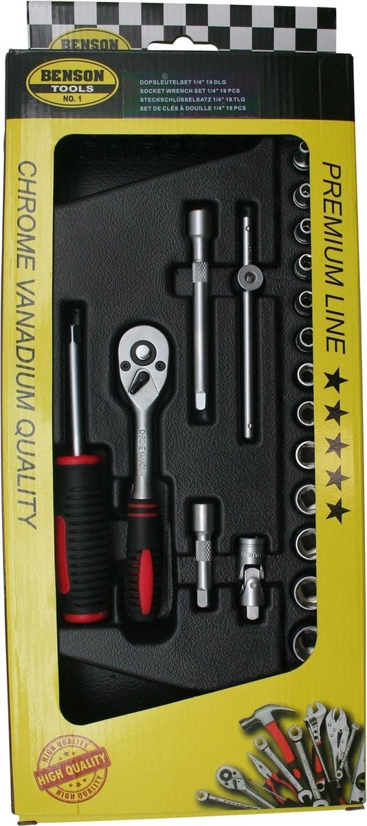 doppendoos - 1/4 duims aansluiting - 19 delig - doppenset - socketset - ratelset - benson