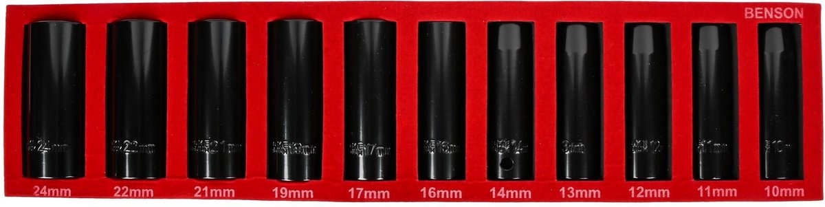 krachtdoppenset - 11-delig - 1/2 aansluiting - 10 tot 24 mm - slagdoppen - doppenset - benson