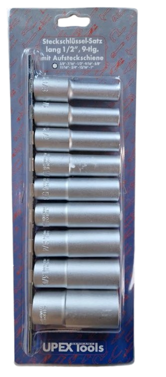 verlengde doppenset - 9-delig - 1/2 aansluiting - 3/8 tot 1 inch - engelse maten - doppenrail - doppenset op rail