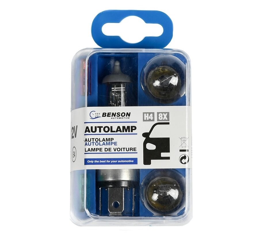 H4 Lampset - 8 delig - H4 60/55W - 12V P43T - 21W - 12V - 21/5W - 12V - 5W - 12V - T10 - 5W - 12V - zekeringen van 5 - 10 - 15 