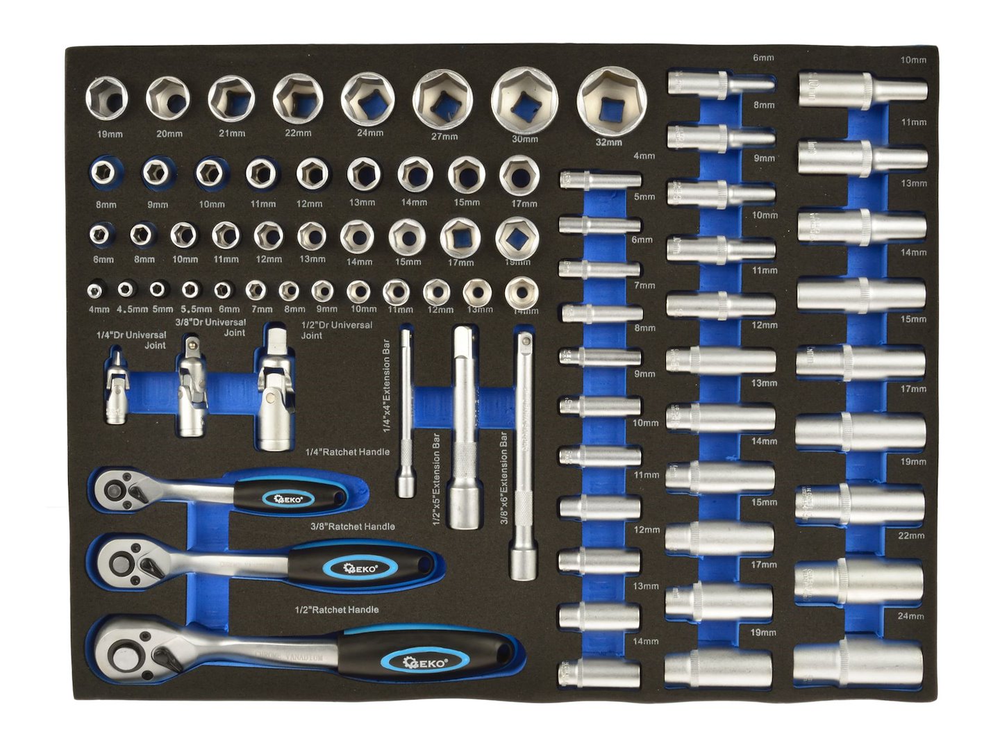 foam inlay doppenset 80 delig - doppendoos 1/4 - 3/8 en 1/2 duims - ratelset - gereedschapsset - geko
