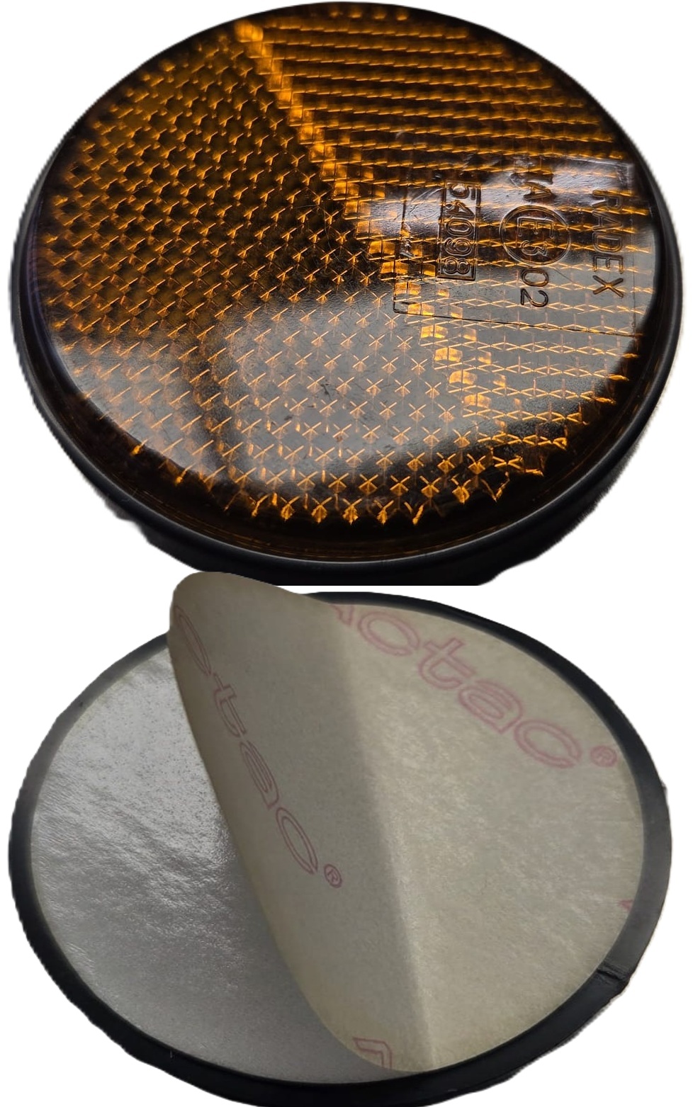 60 mm ronde oranje / amber plak reflector e3 keurmerk - ronde zelfklevende zijreflector radex - voertuigreflector