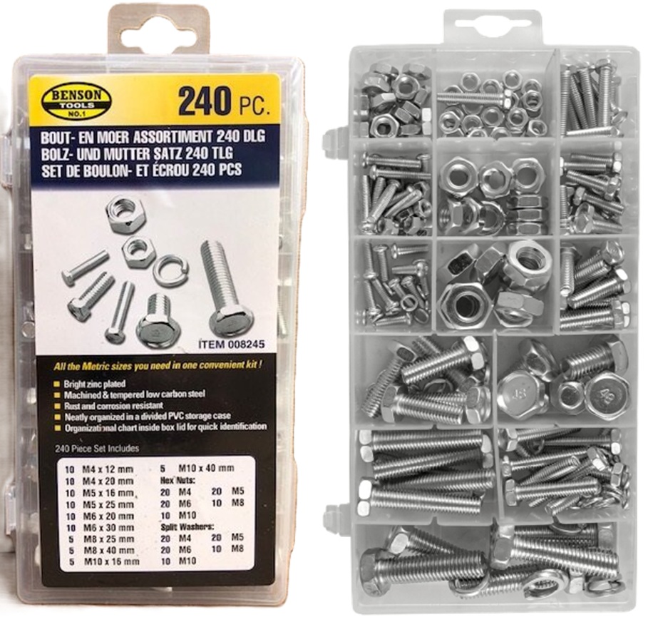 240 delige bouten en moeren set&nbsp; metrischce maten - m4&nbsp;tot m10 bout en moer - machinebouten - sluitringen